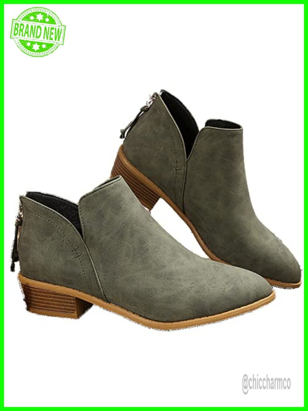 V Cut Ankle Booties Chunky Block Heel Rear Zipper Almond Toe